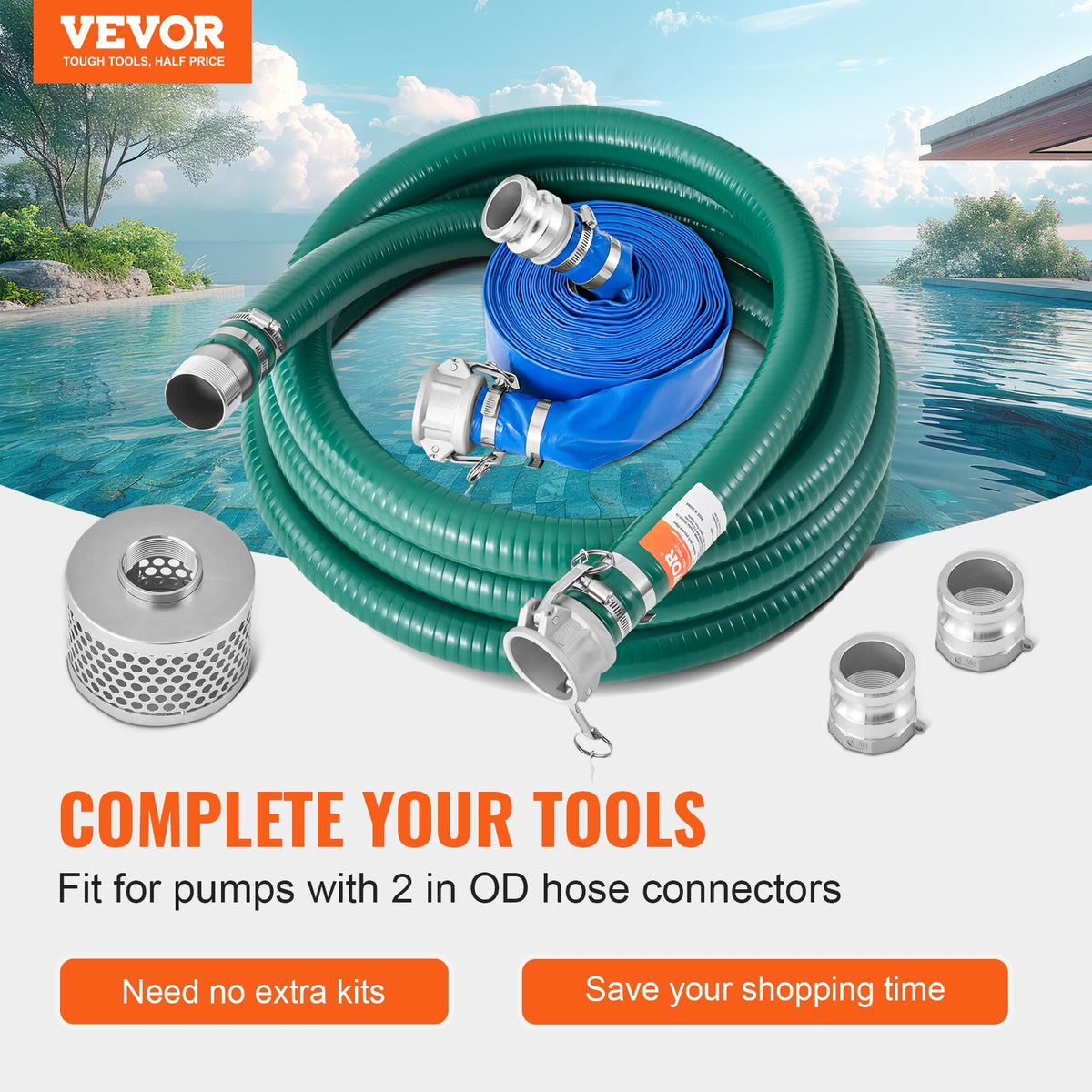 VEVOR Suction Hose Kit for Water Pump, with 2 in x 50 ft Blue Backwash Hose, 20 ft Green Suction Hose, and Steel Round Hole Strainer, Camlocks, Clamps, Cam & Groove Adapter, for Multiple Purposes - BGTJ20INCH50GMYHMV0 - view 3