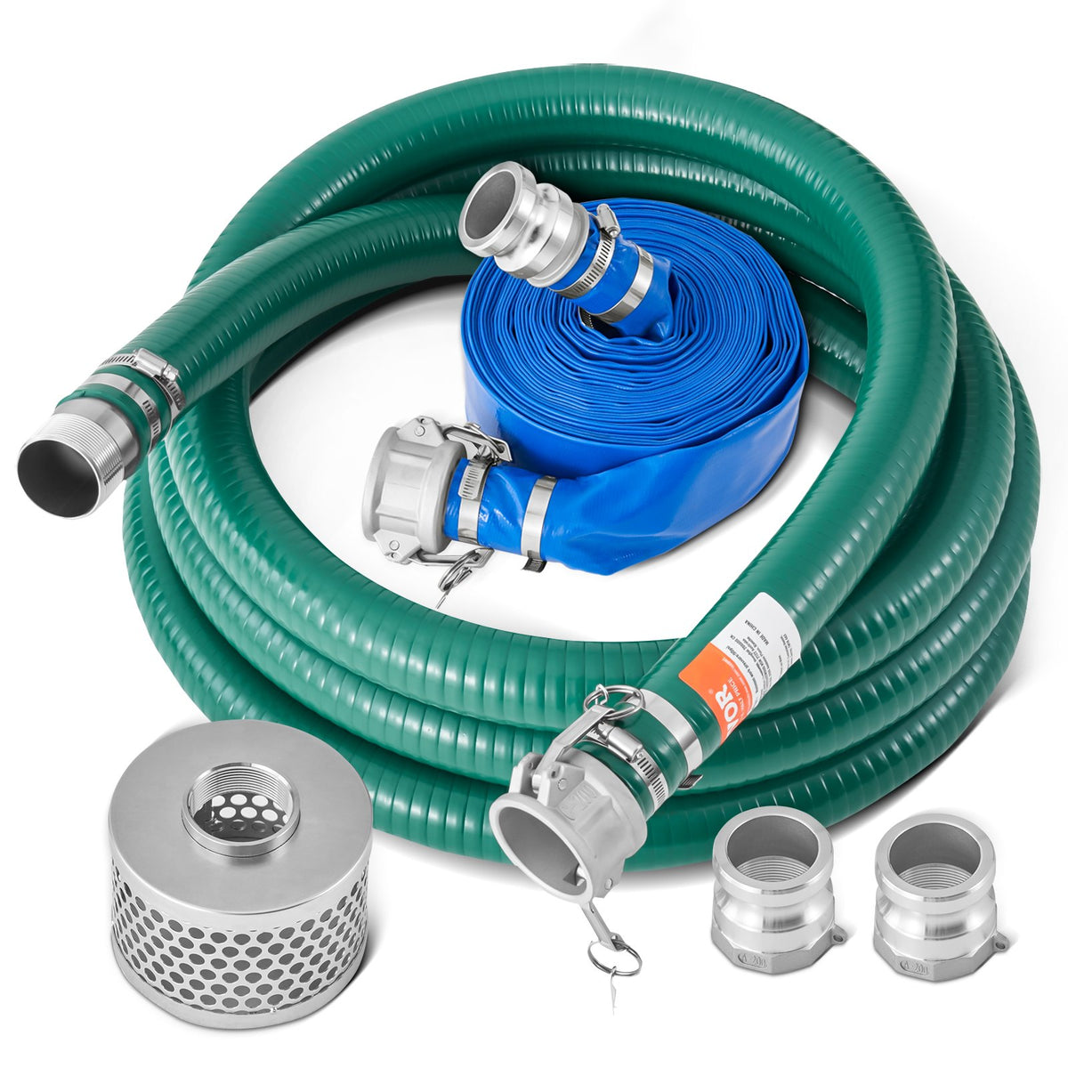 VEVOR Suction Hose Kit for Water Pump, with 2 in x 65 ft Blue Backwash Hose, 20 ft Green Suction Hose, and Steel Round Hole Strainer, Camlocks, Clamps, Cam & Groove Adapter, for Multiple Purposes - BGTJ20INCH65DDBGEV0 - view 1