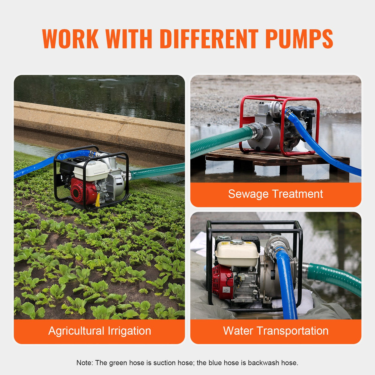 VEVOR Suction Hose Kit for Water Pump, with 2 in x 65 ft Blue Backwash Hose, 20 ft Green Suction Hose, and Steel Round Hole Strainer, Camlocks, Clamps, Cam & Groove Adapter, for Multiple Purposes - BGTJ20INCH65DDBGEV0 - view 7