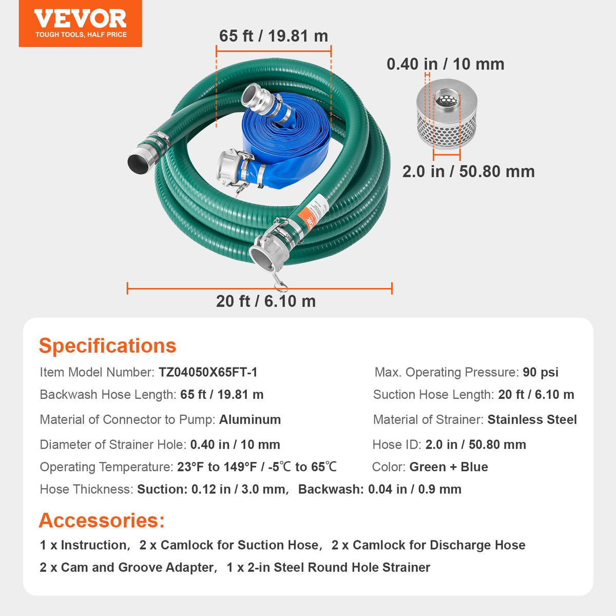 VEVOR Suction Hose Kit for Water Pump, with 2 in x 65 ft Blue Backwash Hose, 20 ft Green Suction Hose, and Steel Round Hole Strainer, Camlocks, Clamps, Cam & Groove Adapter, for Multiple Purposes - BGTJ20INCH65DDBGEV0 - view 8