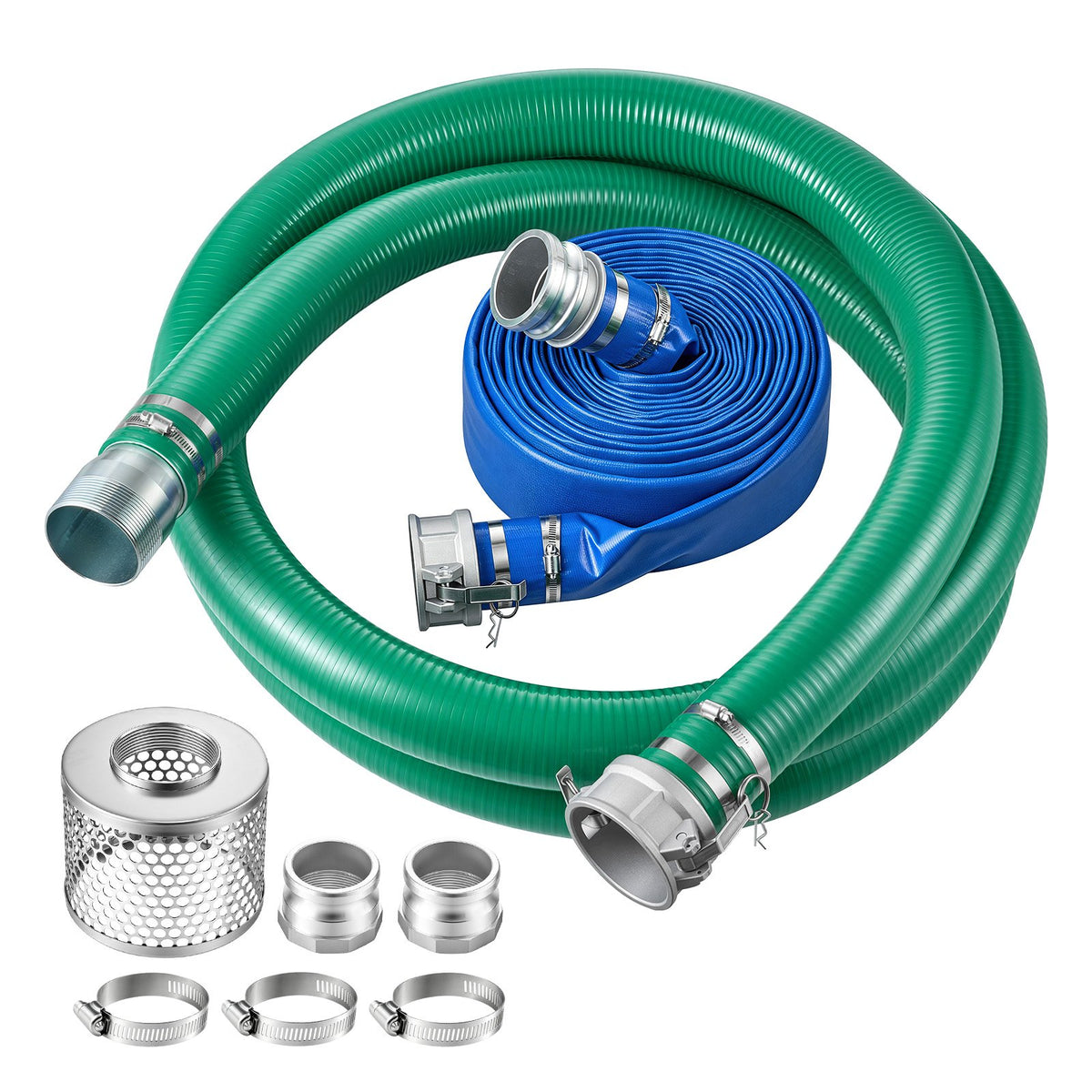 VEVOR 3" Suction Hose Kit 65' Blue PVC Backwash 20' Green Suction Hose, for Swimming Pools Water Pumps, Ready-to-Use Setup, with Round-Hole Strainer, Cam & Groove Adapter, Stainless Steel Clamp - BGTJ30INCH65OLG70001V0 - view 1
