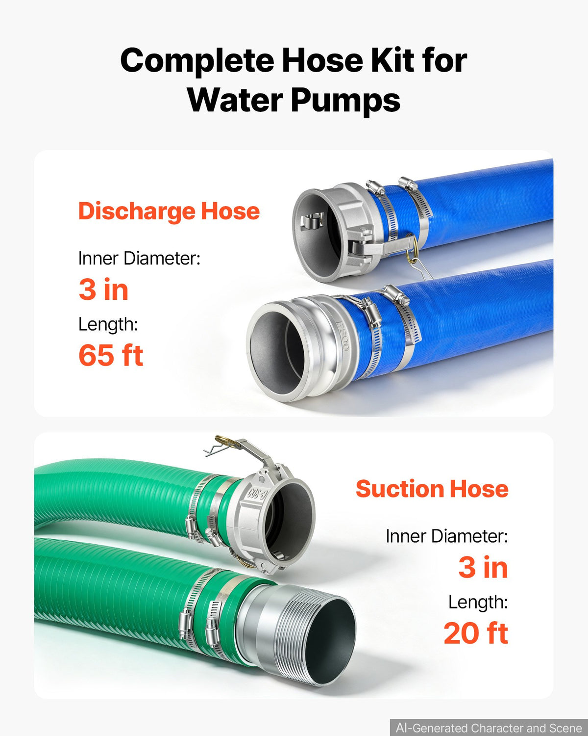 VEVOR 3" Suction Hose Kit 65' Blue PVC Backwash 20' Green Suction Hose, for Swimming Pools Water Pumps, Ready-to-Use Setup, with Round-Hole Strainer, Cam & Groove Adapter, Stainless Steel Clamp - BGTJ30INCH65OLG70001V0 - view 3