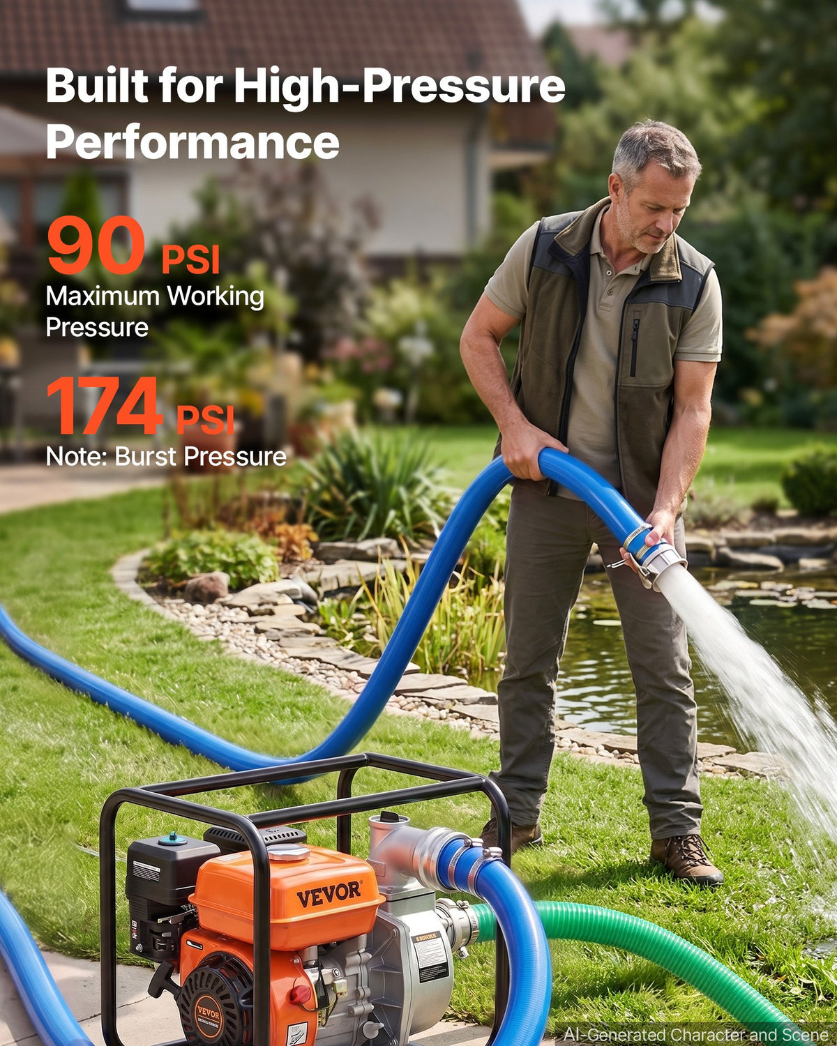 VEVOR 3" Suction Hose Kit 65' Blue PVC Backwash 20' Green Suction Hose, for Swimming Pools Water Pumps, Ready-to-Use Setup, with Round-Hole Strainer, Cam & Groove Adapter, Stainless Steel Clamp - BGTJ30INCH65OLG70001V0 - view 4