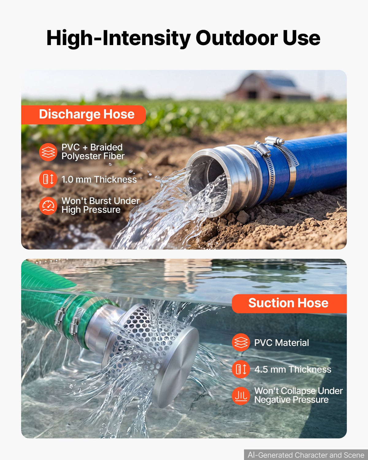 VEVOR 3" Suction Hose Kit 65' Blue PVC Backwash 20' Green Suction Hose, for Swimming Pools Water Pumps, Ready-to-Use Setup, with Round-Hole Strainer, Cam & Groove Adapter, Stainless Steel Clamp - BGTJ30INCH65OLG70001V0 - view 5