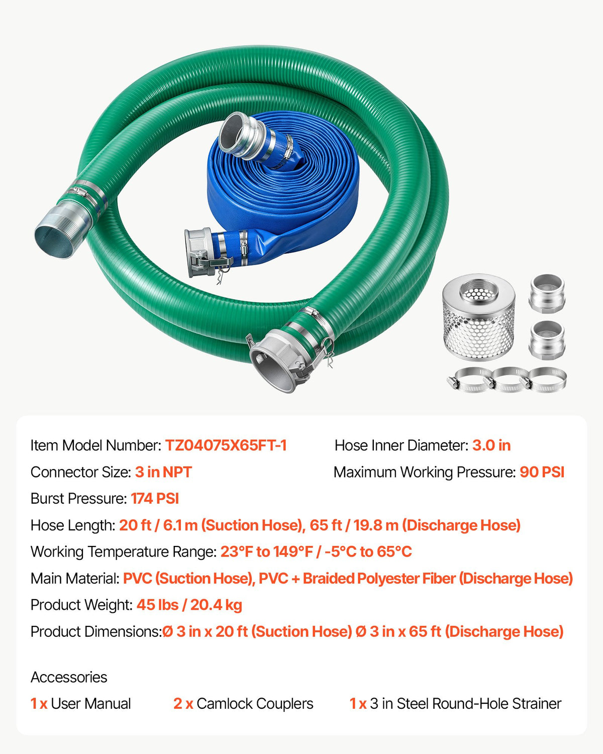 VEVOR 3" Suction Hose Kit 65' Blue PVC Backwash 20' Green Suction Hose, for Swimming Pools Water Pumps, Ready-to-Use Setup, with Round-Hole Strainer, Cam & Groove Adapter, Stainless Steel Clamp - BGTJ30INCH65OLG70001V0 - view 8