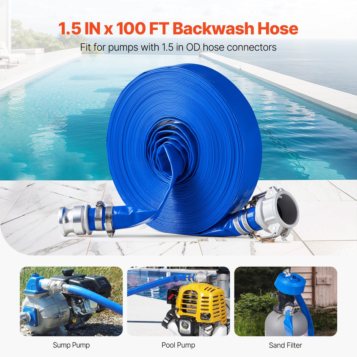 VEVOR Backwash Hose, 1.5 in x 100 ft, Blue High Quality PVC Hose, with Clamps, Camlock, Aluminum Fittings, Fit Various Pumps, for Sewage Treatment, Water Transportation and More Agricultural Purposes - BGTJPSRG15IN4QY55V0 - view 3