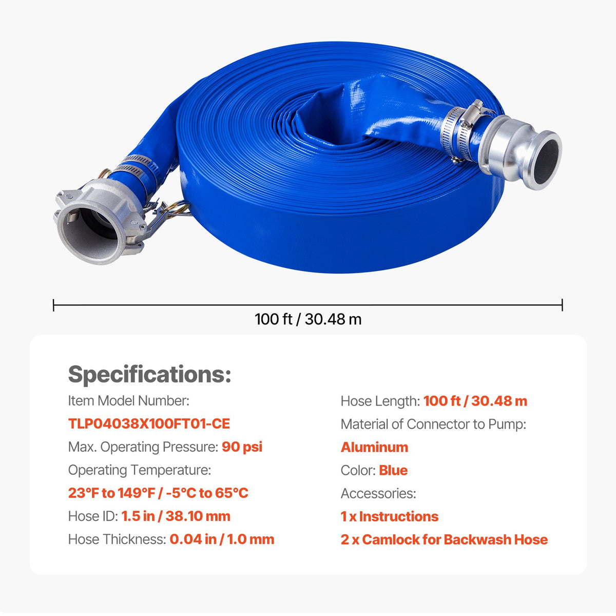 VEVOR Backwash Hose, 1.5 in x 100 ft, Blue High Quality PVC Hose, with Clamps, Camlock, Aluminum Fittings, Fit Various Pumps, for Sewage Treatment, Water Transportation and More Agricultural Purposes - BGTJPSRG15IN4QY55V0 - view 8