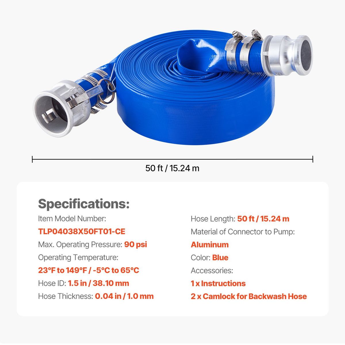 VEVOR Backwash Hose, 1.5 in x 50 ft, Blue High Quality PVC Hose, with Clamps, Camlock, Aluminum Fittings, Fit Various Pumps, for Sewage Treatment, Water Transportation and More Agricultural Purposes - BGTJPSRG15INOJWRZV0 - view 8
