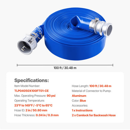 VEVOR Backwash Hose, 2 in x 100 ft, Blue High Quality PVC Hose, with Clamps, Camlock, Aluminum Fittings, Fit Various Pumps, for Sewage Treatment, Water Transportation and More Agricultural Purposes - BGTJPSRG20INLZLXQV0 - view 8