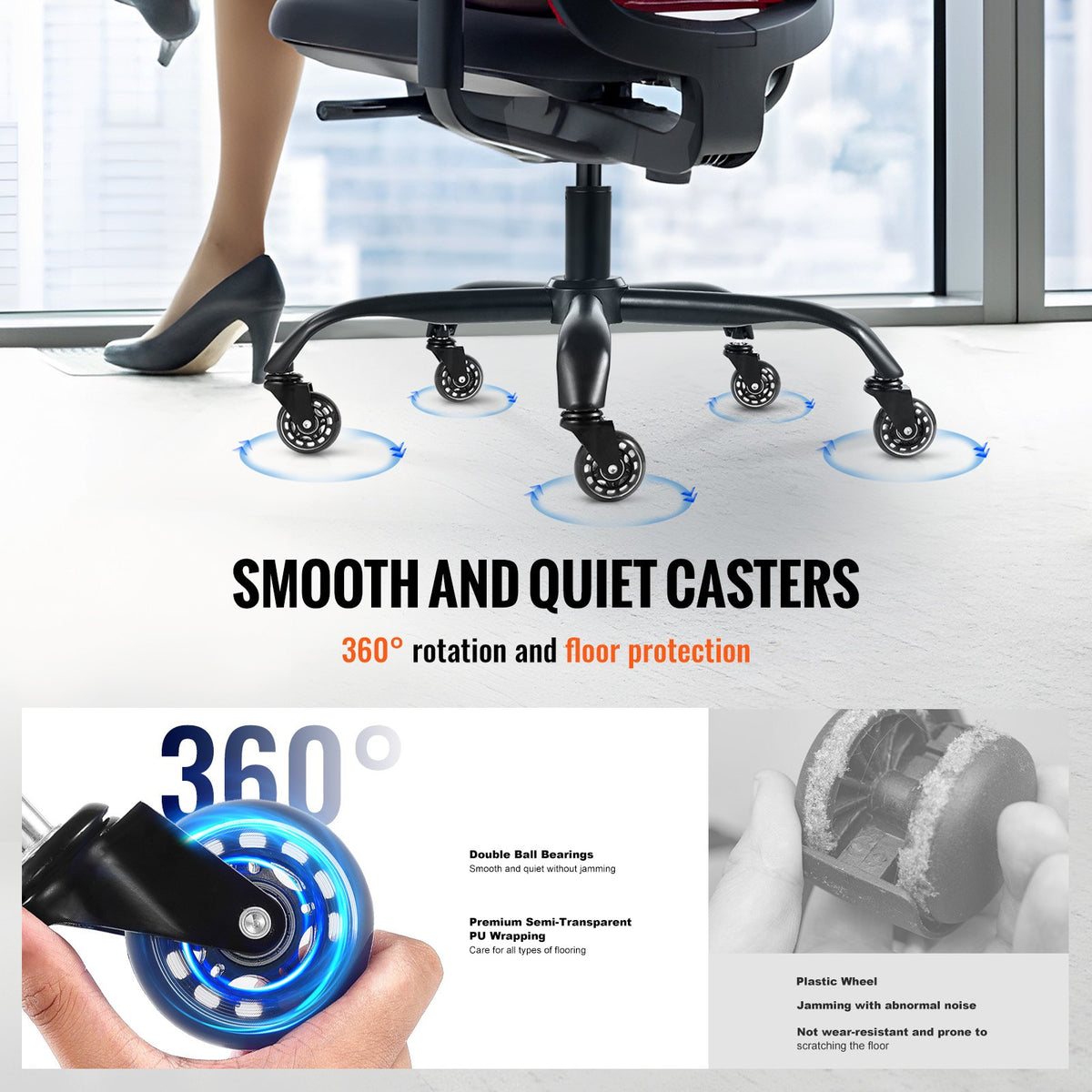 VEVOR Office Chair Base Replacement, 28", 2500 lbs Static Load Capacity, Heavy Duty Universal Computer Desk Chair Stool Base Part with 5 Casters and Gas Cylinder, Desk Chair Base Replacement, Black - BGYDZPJ28JSD372AGV0 - view 5