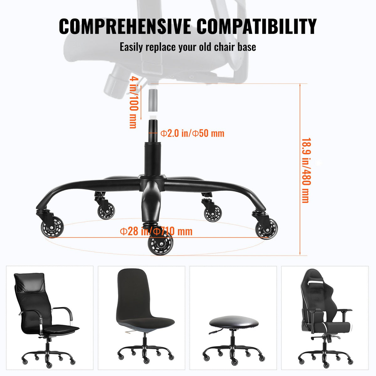 VEVOR Office Chair Base Replacement, 28", 2500 lbs Static Load Capacity, Heavy Duty Universal Computer Desk Chair Stool Base Part with 5 Casters and Gas Cylinder, Desk Chair Base Replacement, Black - BGYDZPJ28JSD372AGV0 - view 6