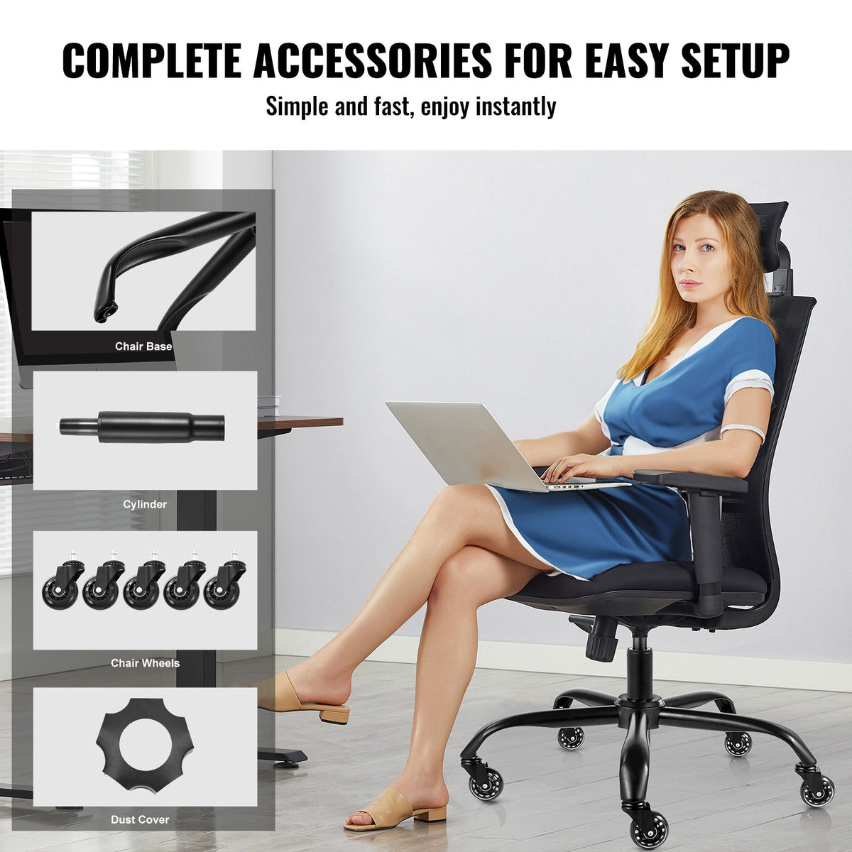 VEVOR Office Chair Base Replacement, 28", 2500 lbs Static Load Capacity, Heavy Duty Universal Computer Desk Chair Stool Base Part with 5 Casters and Gas Cylinder, Desk Chair Base Replacement, Black - BGYDZPJ28JSD372AGV0 - view 7