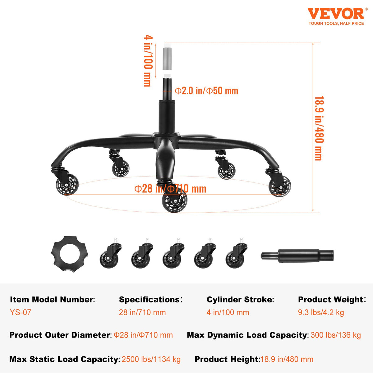 VEVOR Office Chair Base Replacement, 28", 2500 lbs Static Load Capacity, Heavy Duty Universal Computer Desk Chair Stool Base Part with 5 Casters and Gas Cylinder, Desk Chair Base Replacement, Black - BGYDZPJ28JSD372AGV0 - view 8