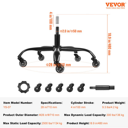 VEVOR Office Chair Base Replacement, 28", 2500 lbs Static Load Capacity, Heavy Duty Universal Computer Desk Chair Stool Base Part with 5 Casters and Gas Cylinder, Desk Chair Base Replacement, Black - BGYDZPJ28JSD372AGV0 - view 8