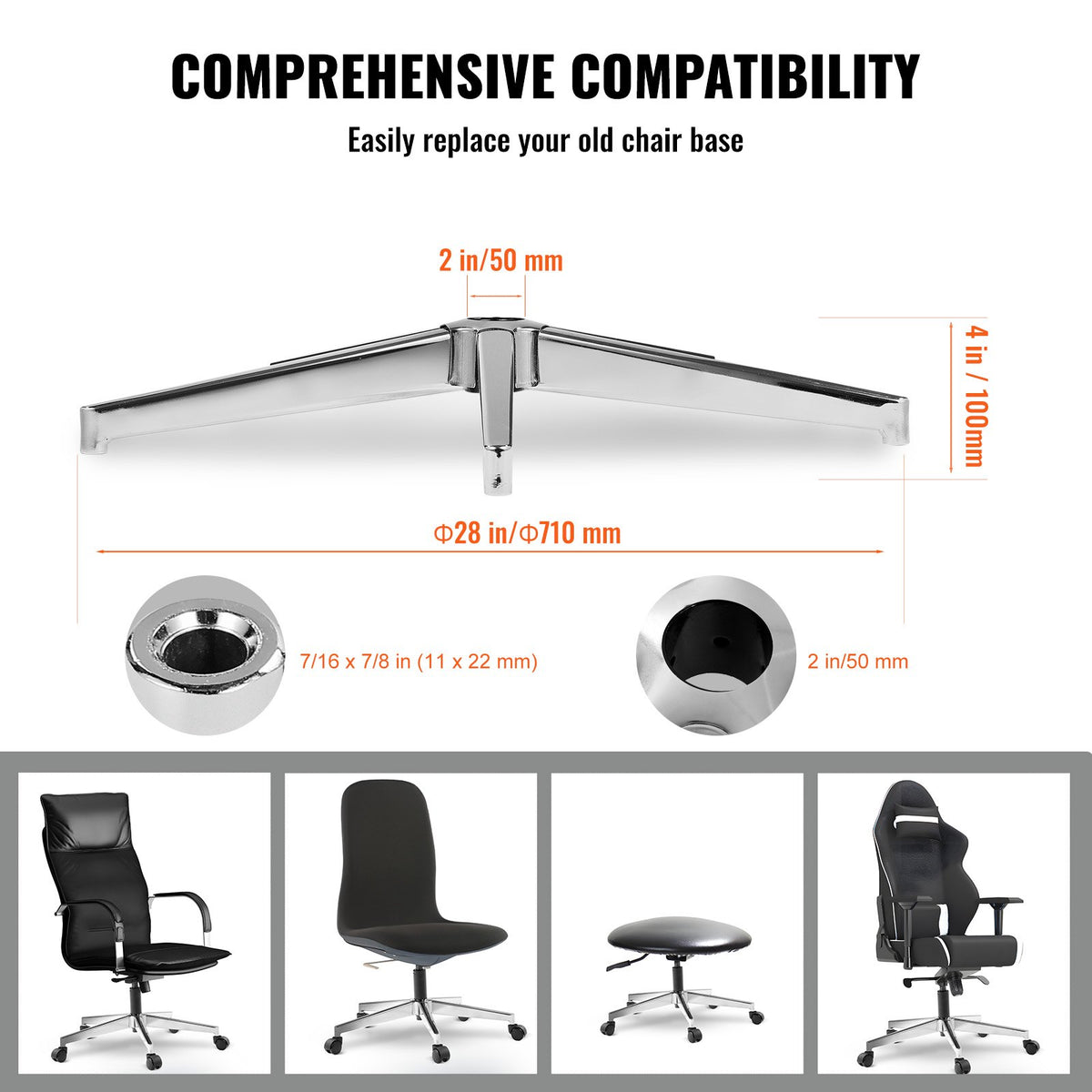 VEVOR Office Chair Base Replacement, 28", 2500 lbs Static Load Capacity, Heavy Duty Universal Computer Desk Chair Stool Base Part with Reinforced Metal Legs, Desk Chair Base Replacement Parts, Silver - BGYDZPJ28JSD4RMJLV0 - view 6