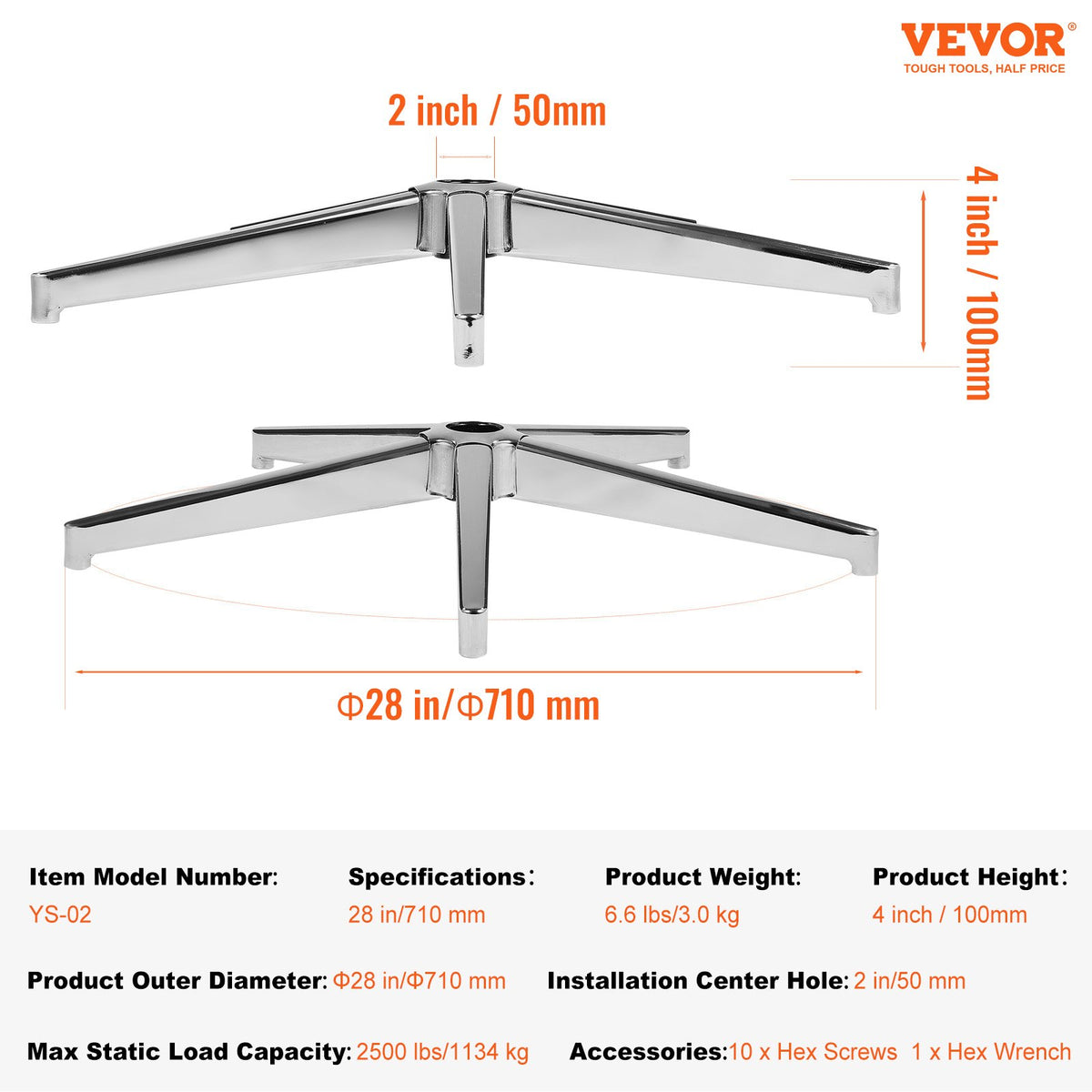 VEVOR Office Chair Base Replacement, 28", 2500 lbs Static Load Capacity, Heavy Duty Universal Computer Desk Chair Stool Base Part with Reinforced Metal Legs, Desk Chair Base Replacement Parts, Silver - BGYDZPJ28JSD4RMJLV0 - view 8