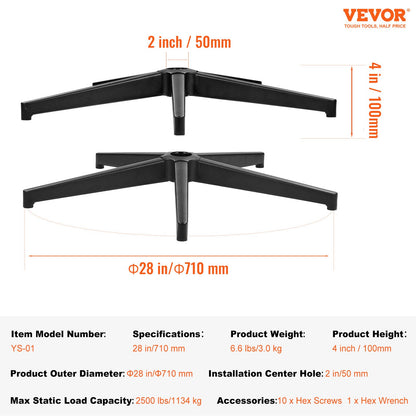 VEVOR Office Chair Base Replacement, 28", 2500 lbs Static Load Capacity, Heavy Duty Universal Computer Desk Chair Stool Base Part with Reinforced Metal Legs, Desk Chair Base Replacement Parts, Black - BGYDZPJ28JSD5EOS5V0 - view 8