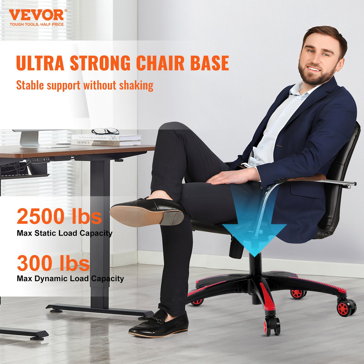 VEVOR Office Chair Base Replacement, 28", 2500 lbs Static Load, Heavy Duty Universal Computer Desk Chair Stool Base Part with 5 Casters and Reinforced Legs, Desk Chair Base Replacement, Black + Red - BGYDZPJ28SLD875TDV0 - view 3