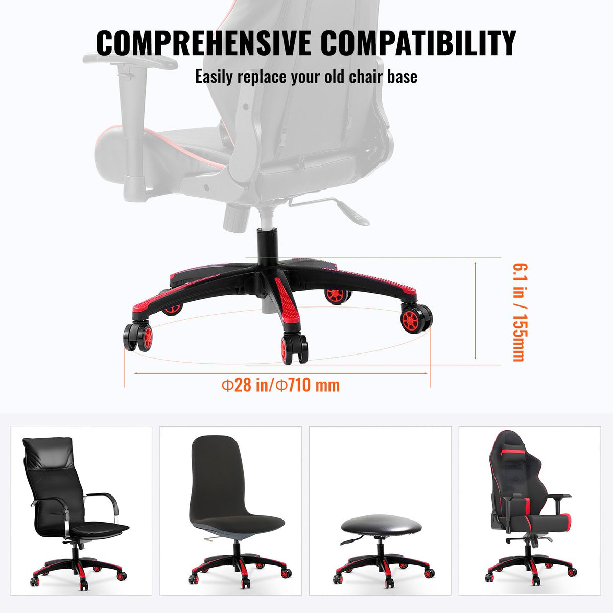 VEVOR Office Chair Base Replacement, 28", 2500 lbs Static Load, Heavy Duty Universal Computer Desk Chair Stool Base Part with 5 Casters and Reinforced Legs, Desk Chair Base Replacement, Black + Red - BGYDZPJ28SLD875TDV0 - view 6
