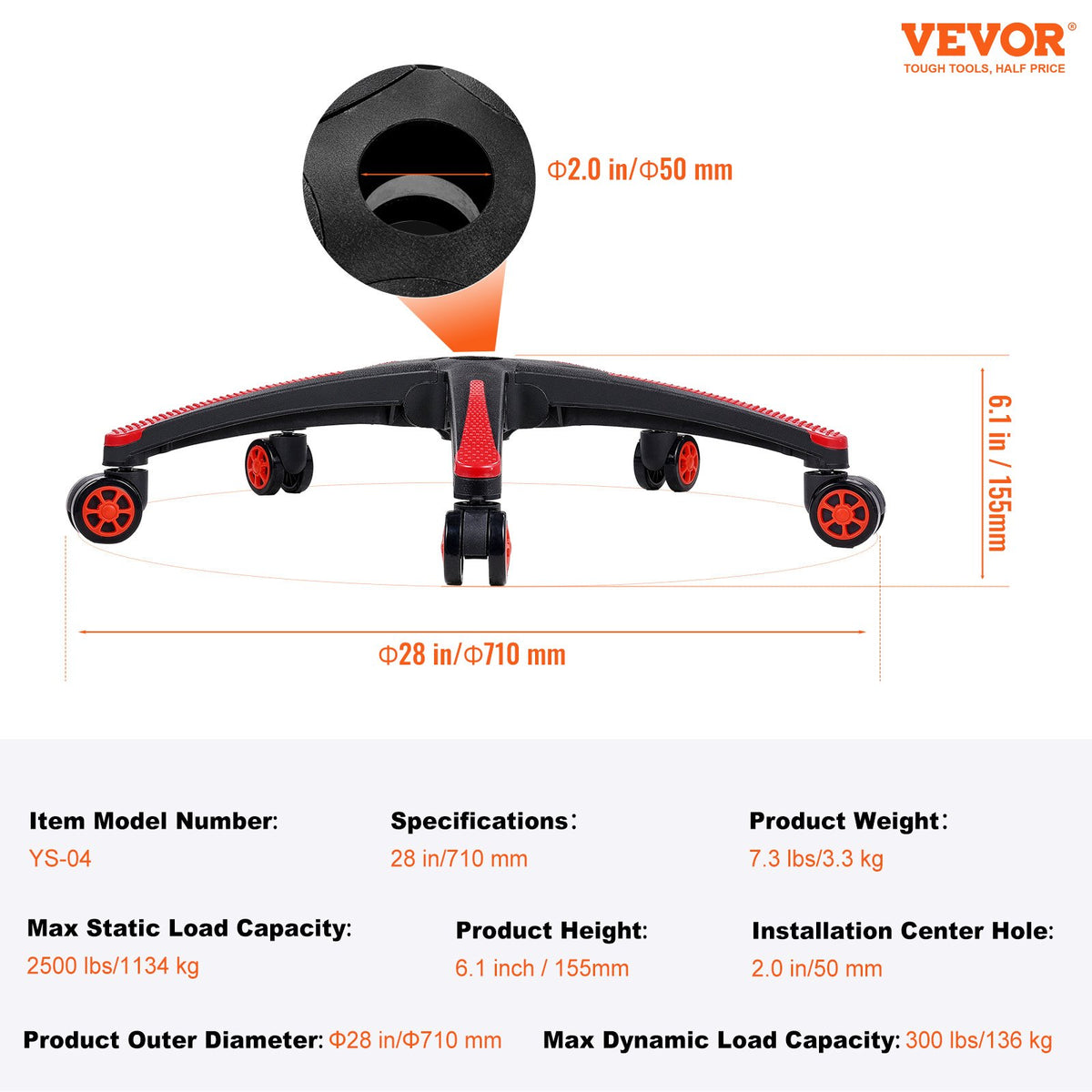 VEVOR Office Chair Base Replacement, 28", 2500 lbs Static Load, Heavy Duty Universal Computer Desk Chair Stool Base Part with 5 Casters and Reinforced Legs, Desk Chair Base Replacement, Black + Red - BGYDZPJ28SLD875TDV0 - view 8