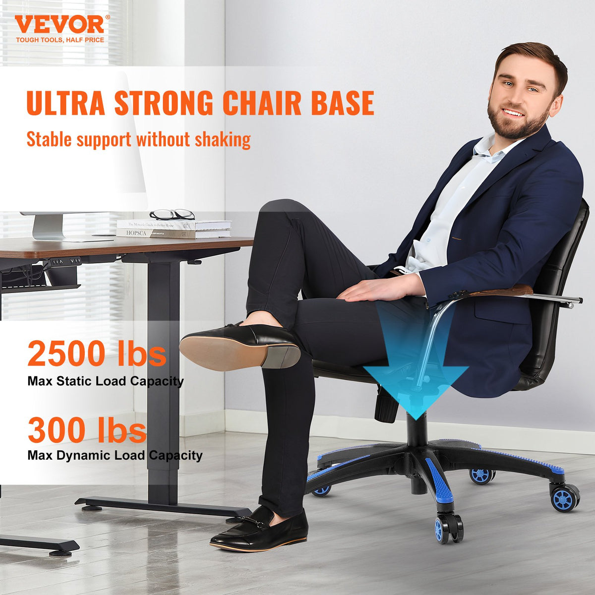VEVOR Office Chair Base Replacement, 28", 2500 lbs Static Load, Heavy Duty Universal Computer Desk Chair Stool Base Part with 5 Casters and Reinforced Legs, Desk Chair Base Replacement, Black + Blue - BGYDZPJ28SLDLF8LRV0 - view 3