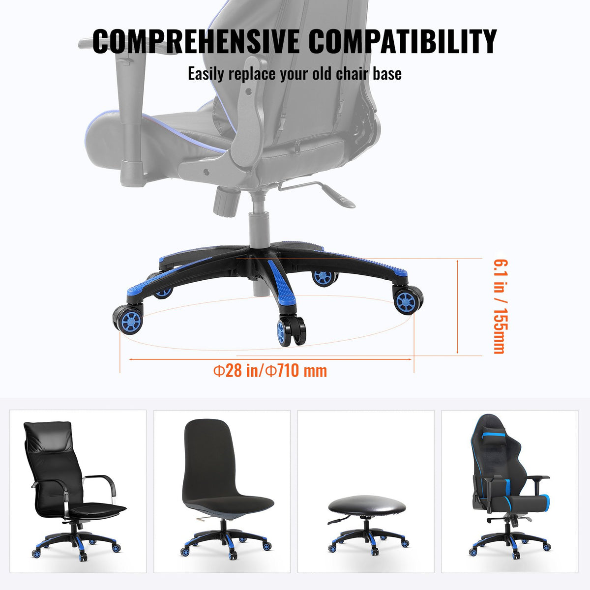 VEVOR Office Chair Base Replacement, 28", 2500 lbs Static Load, Heavy Duty Universal Computer Desk Chair Stool Base Part with 5 Casters and Reinforced Legs, Desk Chair Base Replacement, Black + Blue - BGYDZPJ28SLDLF8LRV0 - view 6