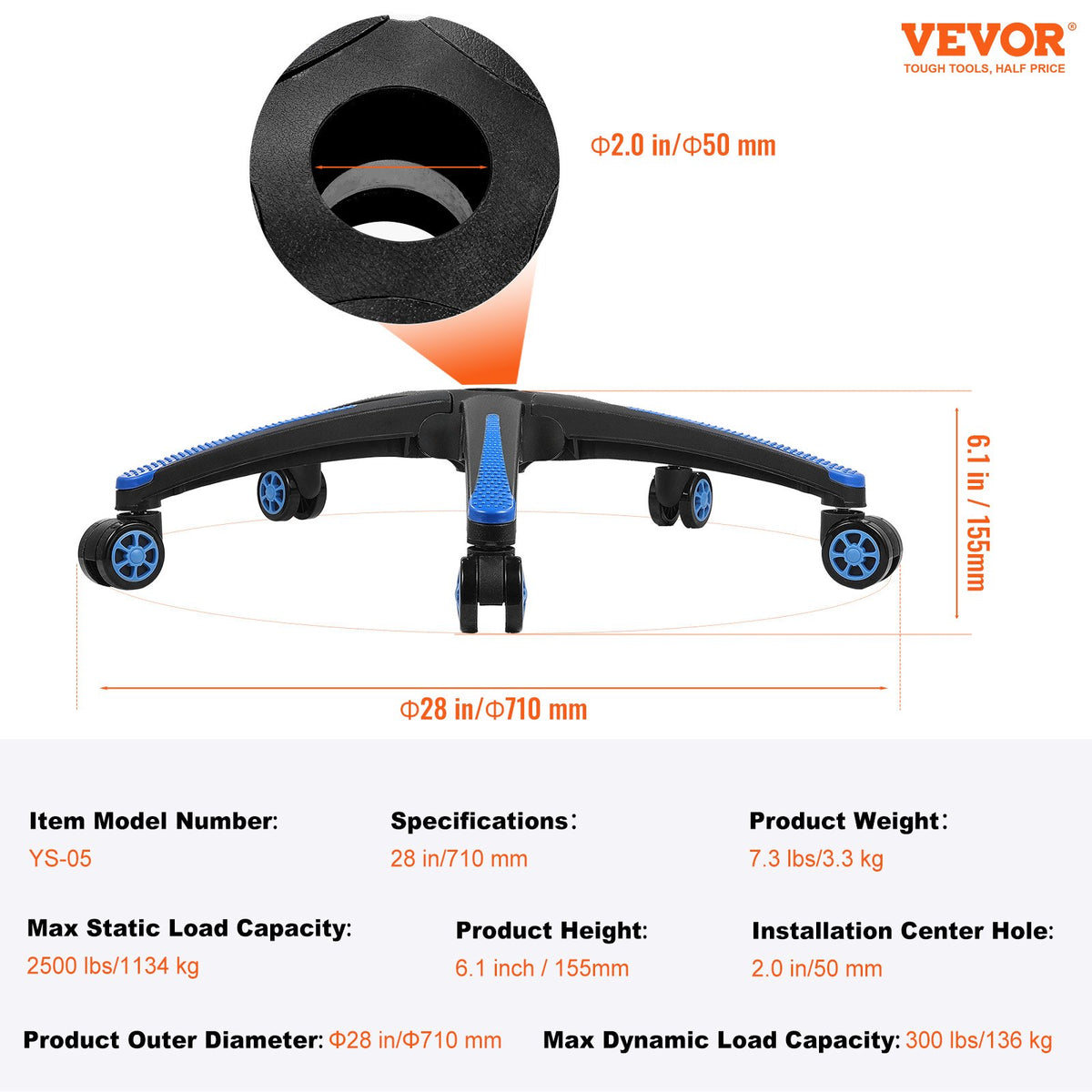 VEVOR Office Chair Base Replacement, 28", 2500 lbs Static Load, Heavy Duty Universal Computer Desk Chair Stool Base Part with 5 Casters and Reinforced Legs, Desk Chair Base Replacement, Black + Blue - BGYDZPJ28SLDLF8LRV0 - view 8