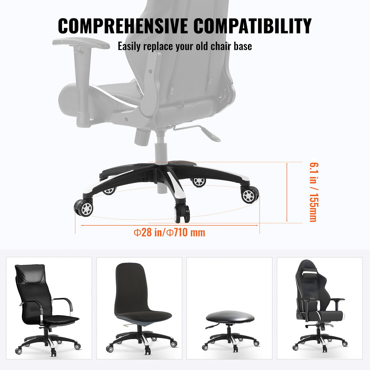 VEVOR Office Chair Base Replacement, 28", 2500 lbs Static Load, Heavy Duty Universal Computer Desk Chair Stool Base Part with 5 Casters and Reinforced Legs, Desk Chair Base Replacement, Black + White - BGYDZPJ28SLDN9VYEV0 - view 6