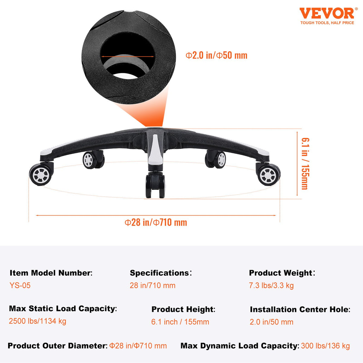 VEVOR Office Chair Base Replacement, 28", 2500 lbs Static Load, Heavy Duty Universal Computer Desk Chair Stool Base Part with 5 Casters and Reinforced Legs, Desk Chair Base Replacement, Black + White - BGYDZPJ28SLDN9VYEV0 - view 8