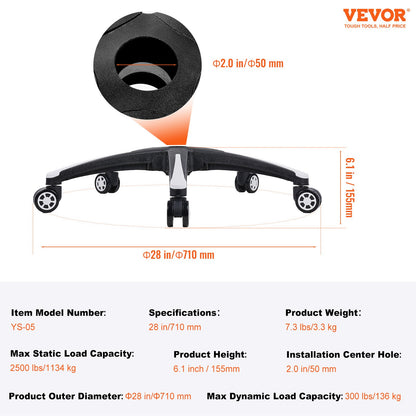 VEVOR Office Chair Base Replacement, 28", 2500 lbs Static Load, Heavy Duty Universal Computer Desk Chair Stool Base Part with 5 Casters and Reinforced Legs, Desk Chair Base Replacement, Black + White - BGYDZPJ28SLDN9VYEV0 - view 8