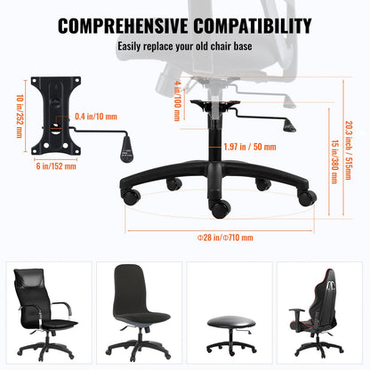 VEVOR Office Chair Base Replacement, 28", 2500 lbs Static Load, Heavy Duty Universal Computer Desk Chair Stool Base Part with 5 Casters, Gas Cylinder & Seat Plate, Desk Chair Base Replacement, Black - BGYDZPJ28SLDTH47VV0 - view 6