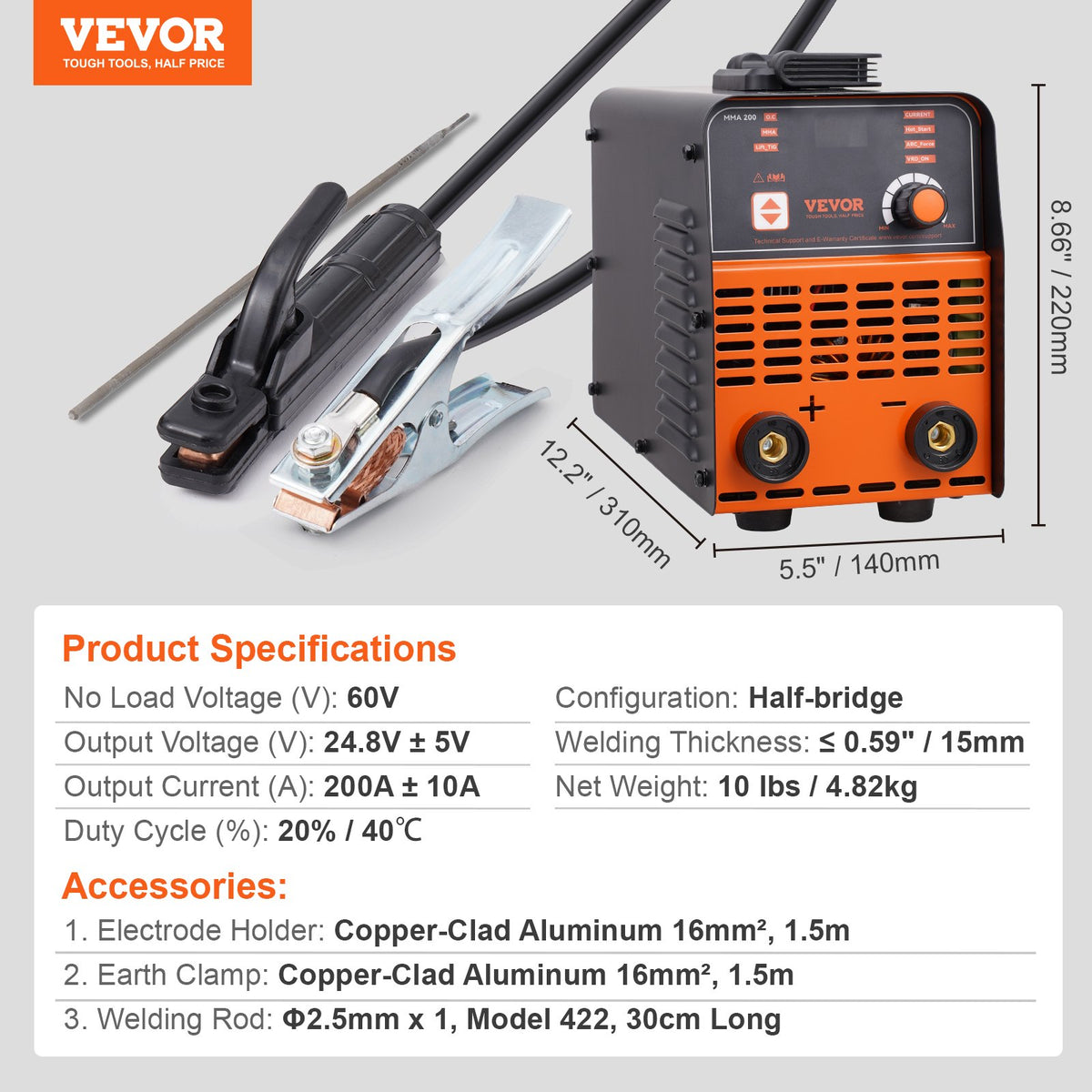 VEVOR Stick Welder, 200A ARC/Lift TIG 2-IN-1 Welding Machine with IGBT Inverter 110V/220V Portable MMA Welder Machine with Hot Start, Arc force and Anti-Stick - BHJBHSH200A0LS41BV5 - view 8