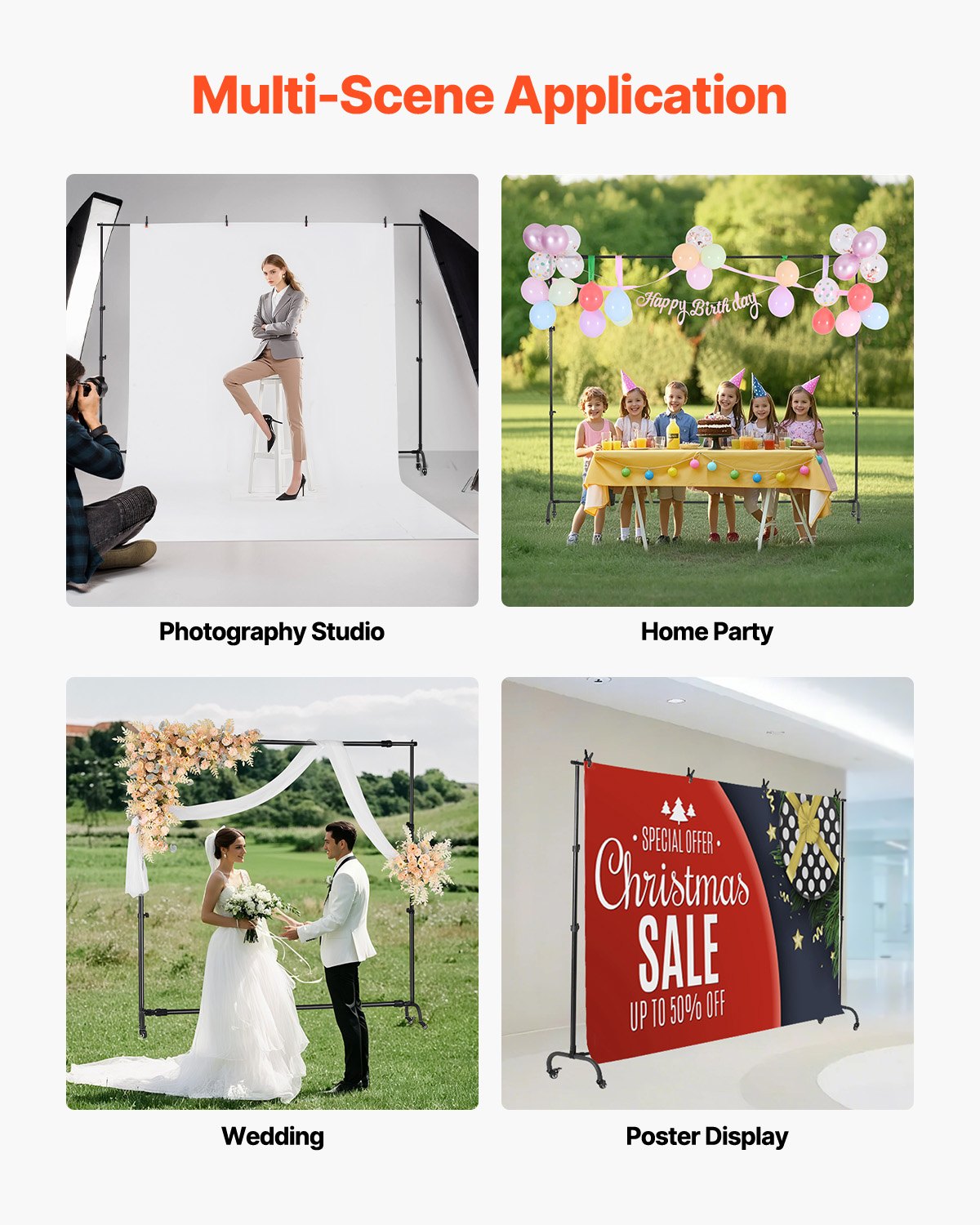 VEVOR Backdrop Stand with Wheels, 7 x 10 ft Adjustable Photo Backdrop Stand Kit, Moveable Background Backdrop Stand, Heavy Duty Projector Screen Stand, for Wedding, Photo Studio & Party - BJJ2KKYDS710H7CIRV0 - view 6