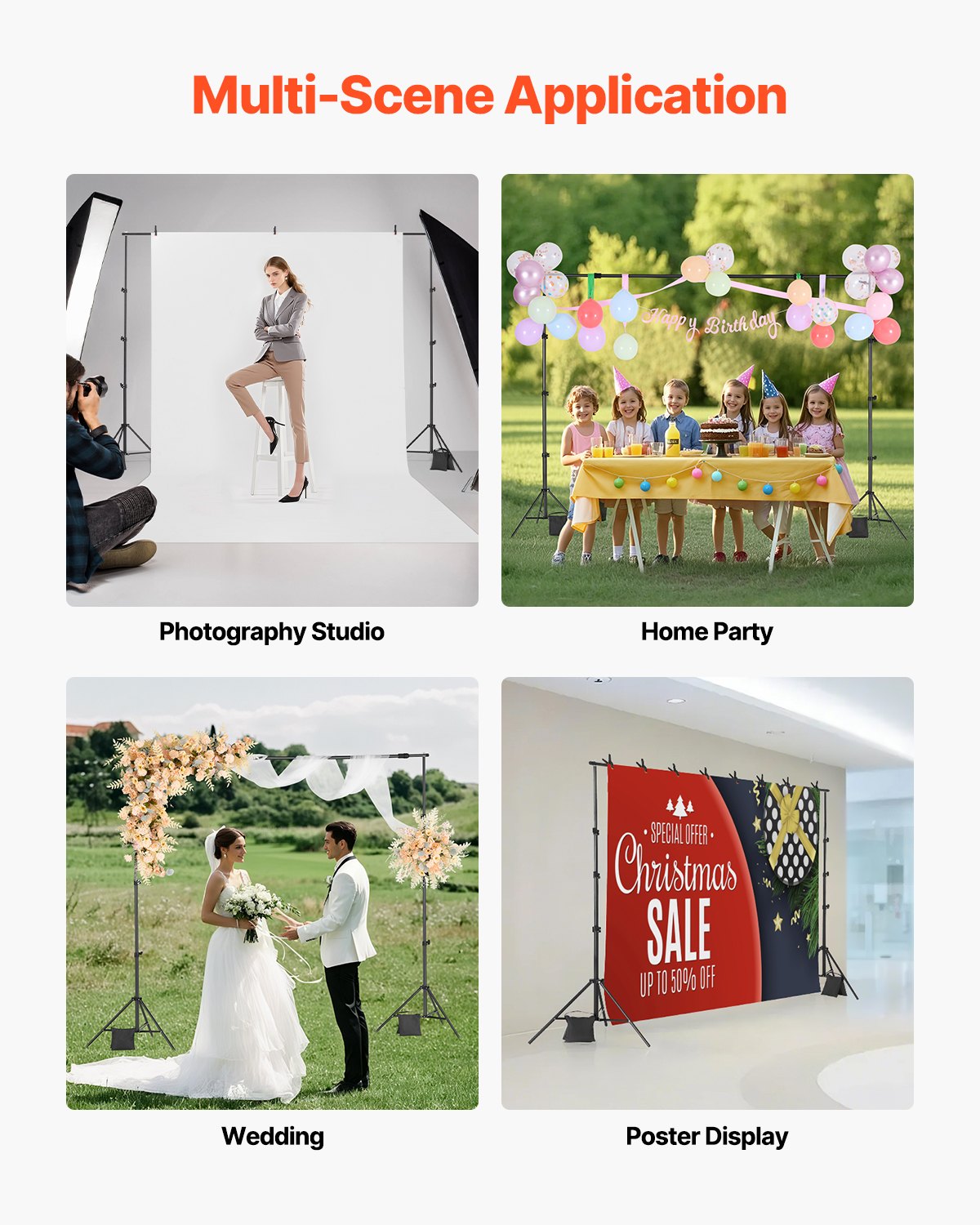 VEVOR Backdrop Stand, 7 x 10 ft Adjustable Photo Backdrop Stand Kit, Portable Background Backdrop Stand with 3 Crossbars, Heavy Duty Projector Screen Stand, for Wedding, Photo Video Studio & Party - BJJ2KLJ710FT8206YV0 - view 6
