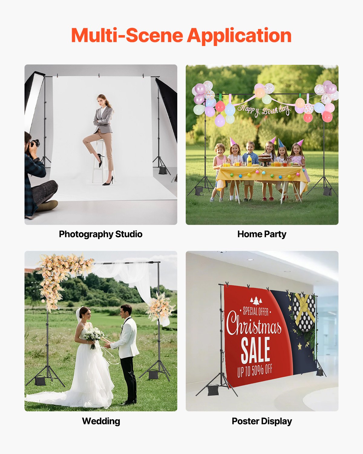 VEVOR Backdrop Stand, 8.5 x 10 ft Adjustable Photo Backdrop Stand Kit, Portable Background Backdrop Stand with 2 Tripods, Heavy Duty Projector Screen Stand, for Wedding, Photo Video Studio & Party - BJJ2KLJ8510FOVLKXV0 - view 6