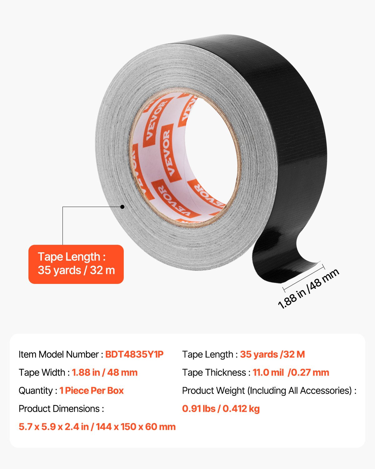 VEVOR Duct Tape, 1.88 in x 35 Yards, 1-Pack, Waterproof and Temperature-Resistant, No Residue Strong Adhesive Heavy Duty Duct Tape, Tear by Hand, for Indoor and Outdoor Repairs, All Weather, Black - BJJD1G35YD18DXRRLV0 - view 8