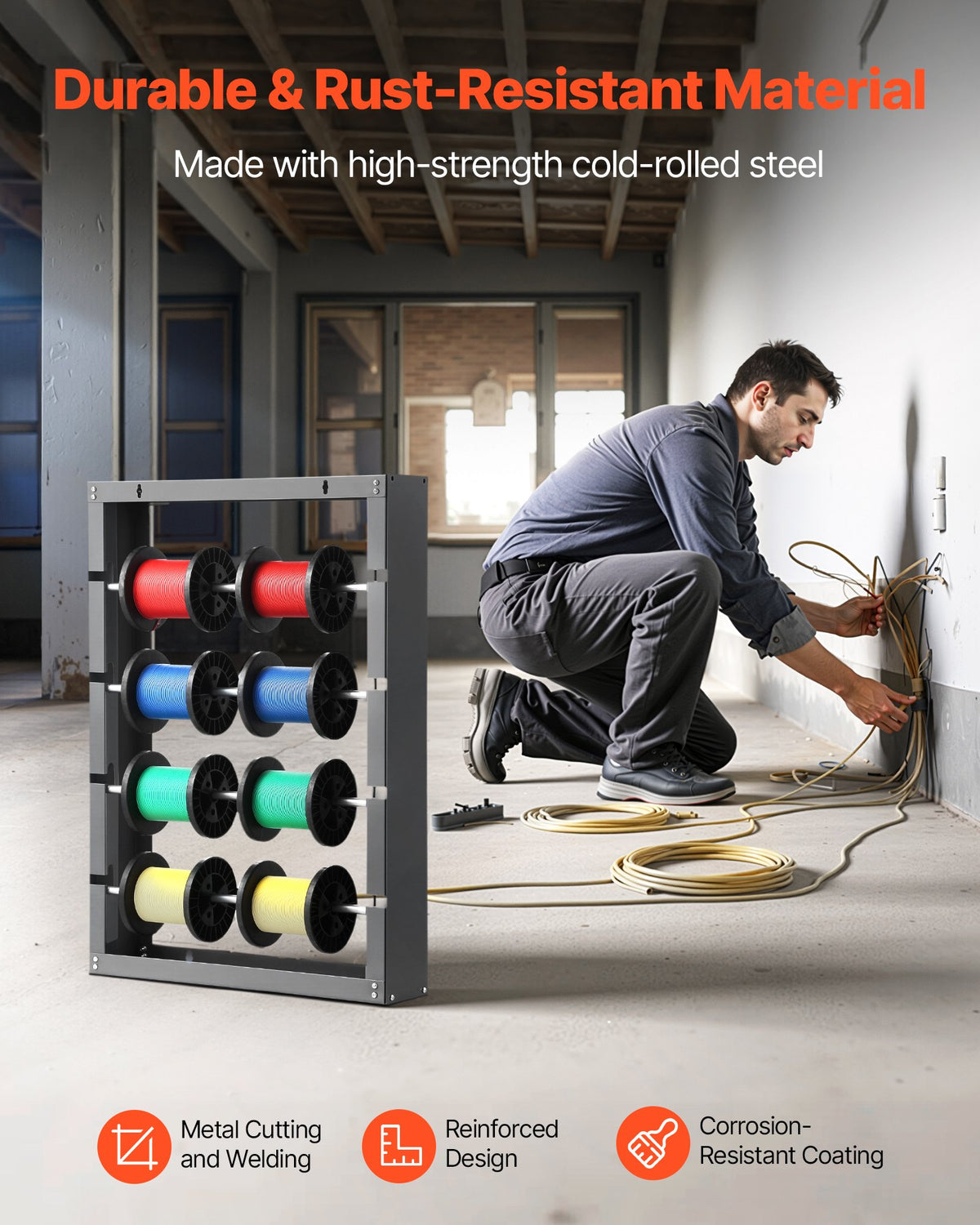 VEVOR Wire Spool Rack, 4 Adjustable Rods, Cold-Rolled Steel Wire Spool Holder Wall Mounted for Multi-Spools, Wiring Storage, 150 lbs Capacity Cable Dispenser, for Electrical Industrial Retail Use - BJKJFXJJXBJKF9J5D001V0 - view 5