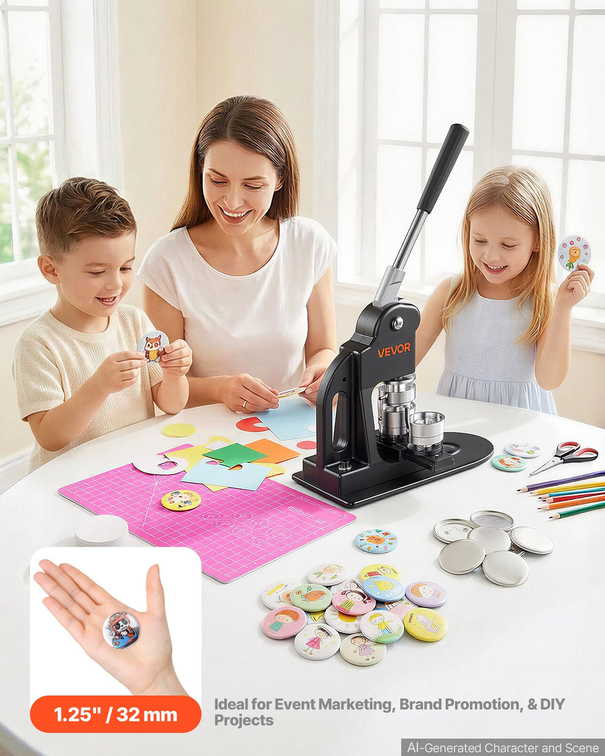 VEVOR Button Maker Machine 1.25"/32 mm Pin Maker 500pcs Button Parts Black, with Circle Cutter, Magic Book, and Hex Wrenches, Ergonomic Handle, for DIY Badges, Pins, Fridge Magnets and Key Chains - BJSKXZJ32MMSGX9LR002V0 - view 3
