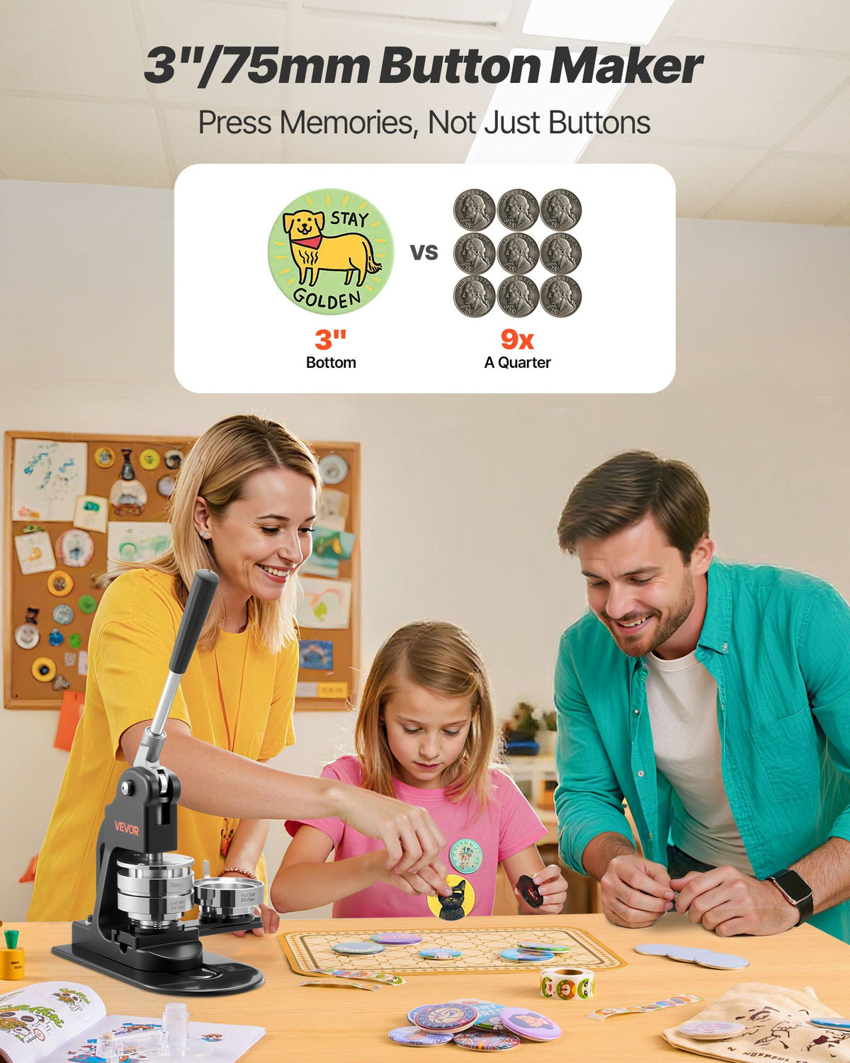 VEVOR Button Maker Machine, 3 in, Pin Maker Machine with 500pcs Button Parts, Circle Cutter, Hex Wrenches and Magic Book, Ergonomic Handle, for DIY Badges, Personalized Pins and Key Chains, Black - BJSKXZJ75MMSF1VLW001V0 - view 3