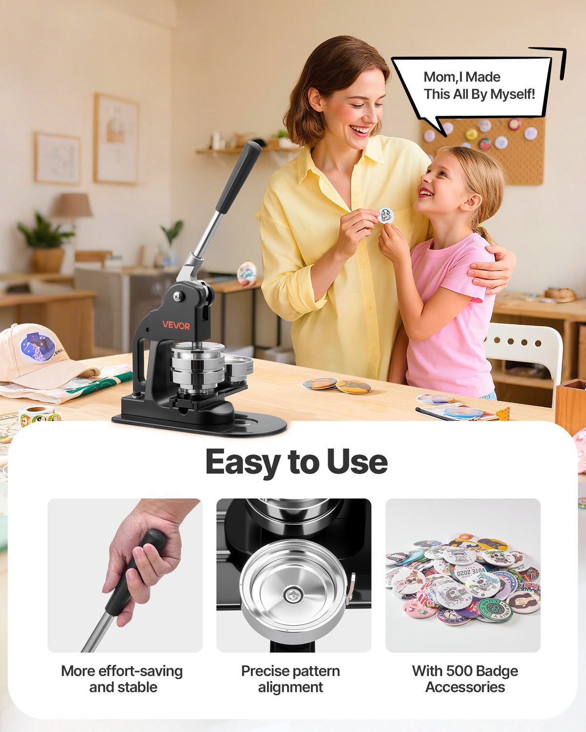 VEVOR Button Maker Machine, 3 in, Pin Maker Machine with 500pcs Button Parts, Circle Cutter, Hex Wrenches and Magic Book, Ergonomic Handle, for DIY Badges, Personalized Pins and Key Chains, Black - BJSKXZJ75MMSF1VLW001V0 - view 5