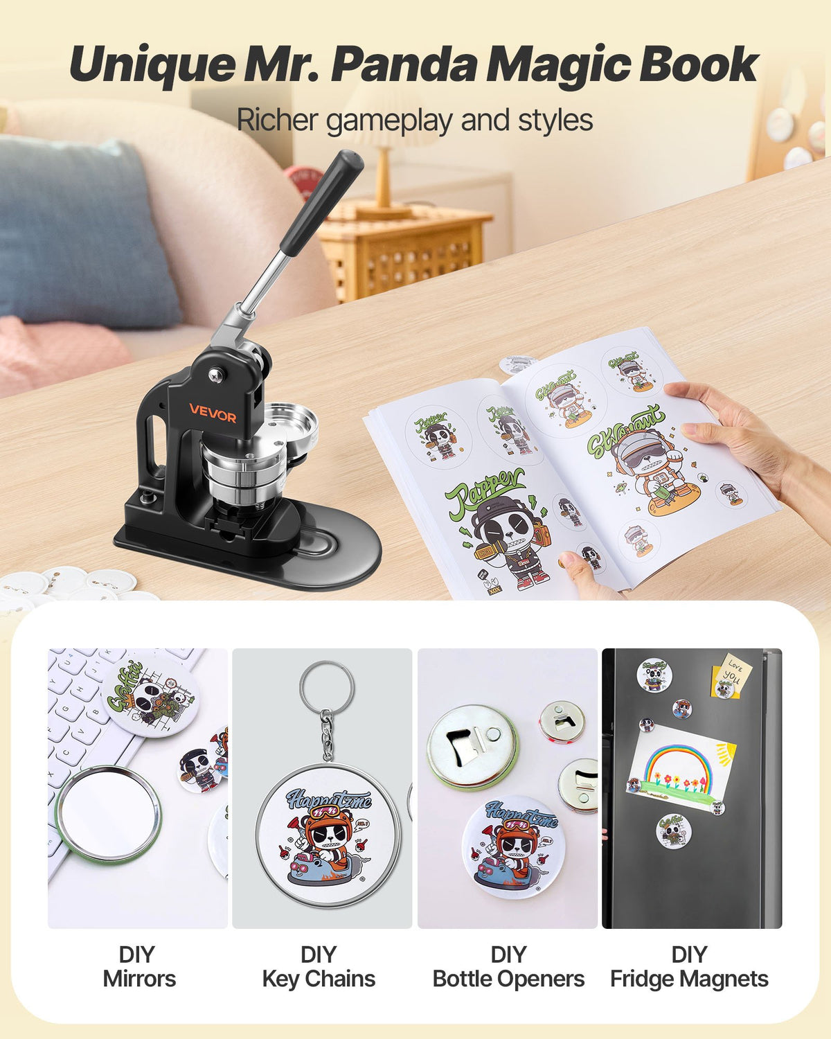 VEVOR Button Maker Machine, 3 in, Pin Maker Machine with 500pcs Button Parts, Circle Cutter, Hex Wrenches and Magic Book, Ergonomic Handle, for DIY Badges, Personalized Pins and Key Chains, Black - BJSKXZJ75MMSF1VLW001V0 - view 6
