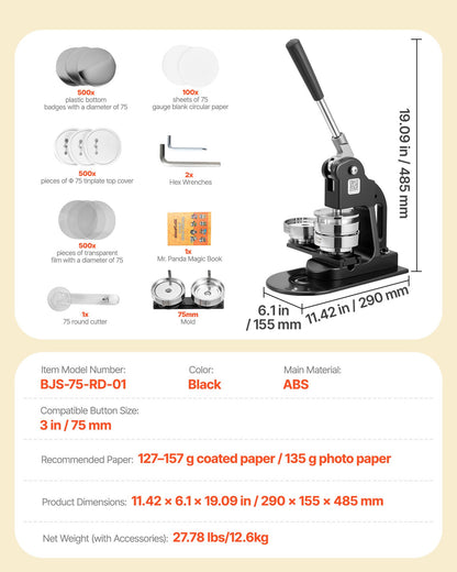 VEVOR Button Maker Machine, 3 in, Pin Maker Machine with 500pcs Button Parts, Circle Cutter, Hex Wrenches and Magic Book, Ergonomic Handle, for DIY Badges, Personalized Pins and Key Chains, Black - BJSKXZJ75MMSF1VLW001V0 - view 8