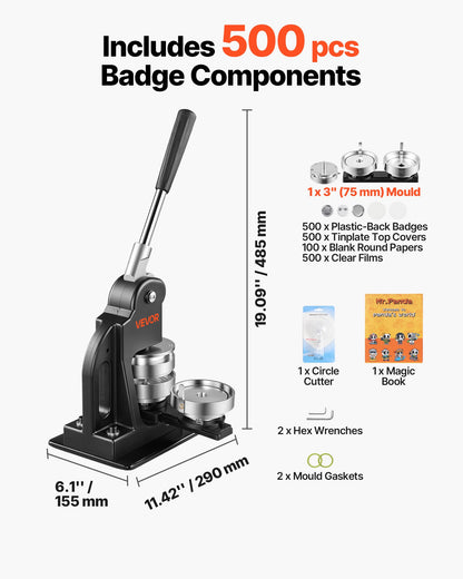 VEVOR Button Maker Machine 3" / 75mm Pin Maker 500pcs Button Parts Black, with Circle Cutter, Magic Book, and Hex Wrenches, Ergonomic Handle, for DIY Badges, Pins, Fridge Magnets and Key Chains - BJSKXZJ75MMSF1VLW002V0 - view 8