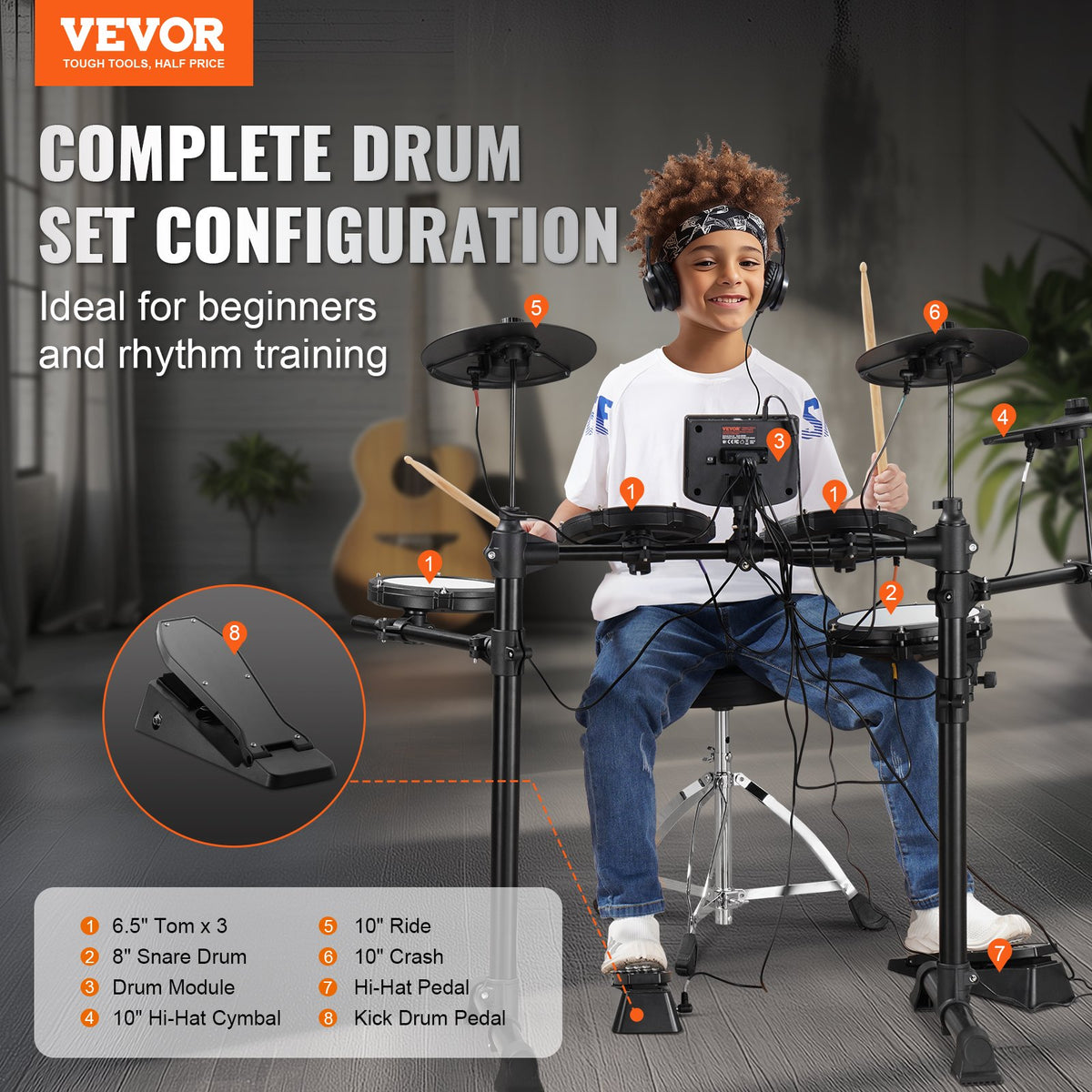 VEVOR Electric Drum Set, 15 Drum Kits & 150 Sounds Electronic Drum Kit, USB MIDI Supported 8 in Quiet Mesh Snare Electric Drum Set with 10 in Cymbals Drum Sticks & Headphone, for Beginners & Adults - BJZJDZGLJZJSL7KN0V1 - view 3