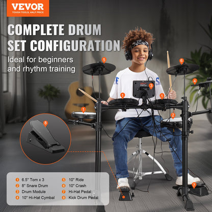 VEVOR Electric Drum Set, 15 Drum Kits & 150 Sounds Electronic Drum Kit, USB MIDI Supported 8 in Quiet Mesh Snare Electric Drum Set with 10 in Cymbals Drum Sticks & Headphone, for Beginners & Adults - BJZJDZGLJZJSL7KN0V1 - view 3