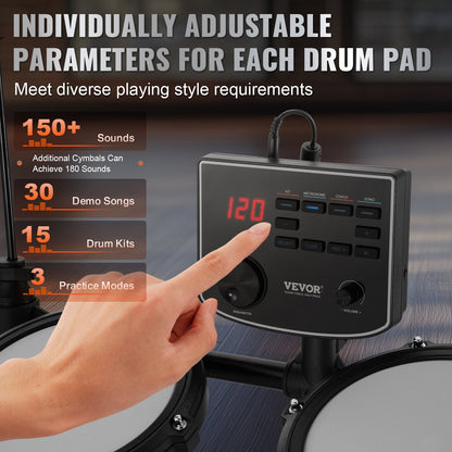 VEVOR Electric Drum Set, 15 Drum Kits & 150 Sounds Electronic Drum Kit, USB MIDI Supported 8 in Quiet Mesh Snare Electric Drum Set with 10 in Cymbals Drum Sticks & Headphone, for Beginners & Adults - BJZJDZGLJZJSL7KN0V1 - view 4