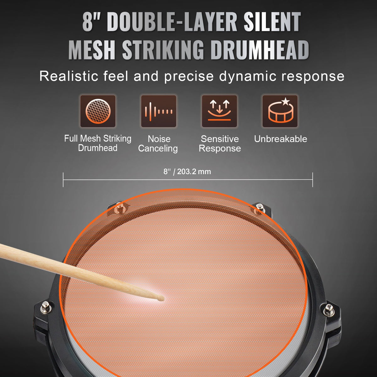VEVOR Electric Drum Set, 15 Drum Kits & 150 Sounds Electronic Drum Kit, USB MIDI Supported 8 in Quiet Mesh Snare Electric Drum Set with 10 in Cymbals Drum Sticks & Headphone, for Beginners & Adults - BJZJDZGLJZJSL7KN0V1 - view 6