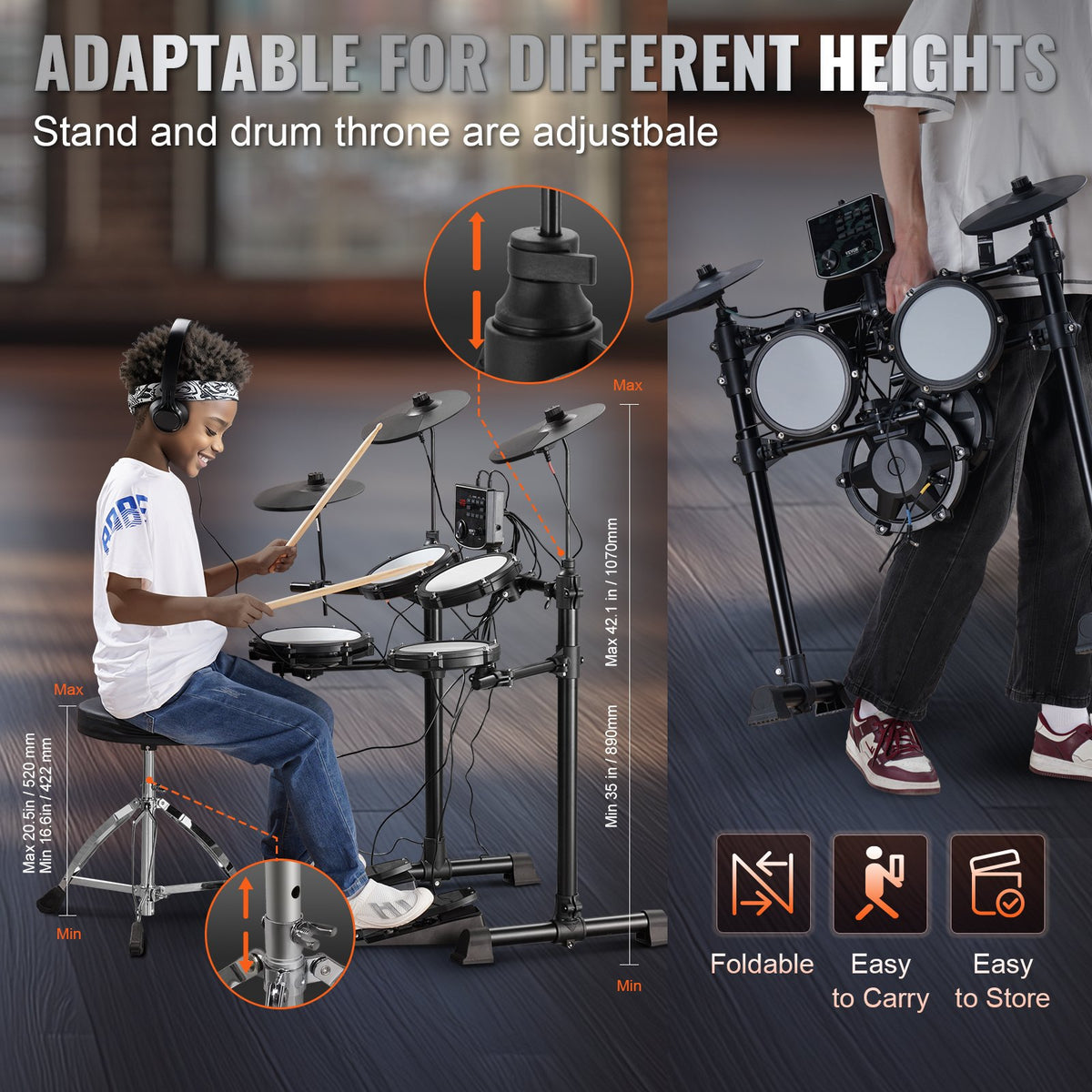 VEVOR Electric Drum Set, 15 Drum Kits & 150 Sounds Electronic Drum Kit, USB MIDI Supported 8 in Quiet Mesh Snare Electric Drum Set with 10 in Cymbals Drum Sticks & Headphone, for Beginners & Adults - BJZJDZGLJZJSL7KN0V1 - view 7