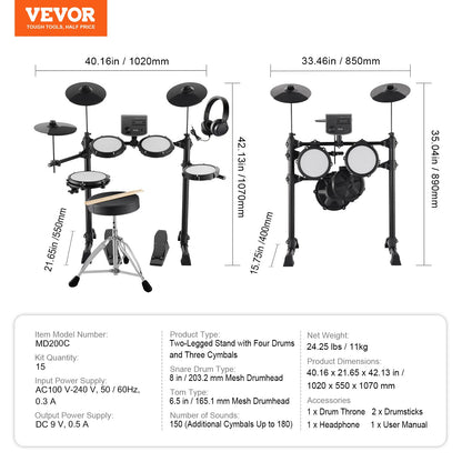 VEVOR Electric Drum Set, 15 Drum Kits & 150 Sounds Electronic Drum Kit, USB MIDI Supported 8 in Quiet Mesh Snare Electric Drum Set with 10 in Cymbals Drum Sticks & Headphone, for Beginners & Adults - BJZJDZGLJZJSL7KN0V1 - view 8