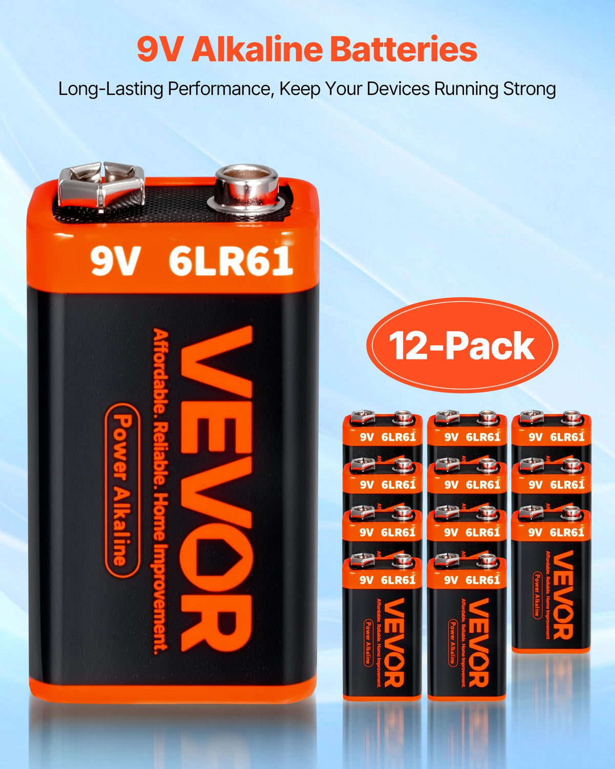 VEVOR 9V Alkaline Batteries, 12-Pack, 9 Volt Square Battery for Smoke Detector, 10-Year Shelf Life, Long Lasting, All-Purpose, for Fire Alarm, Household Office Business Devices, Electronics & Audio - BKCDJXDX12JT0KLEJ001V9 - view 3